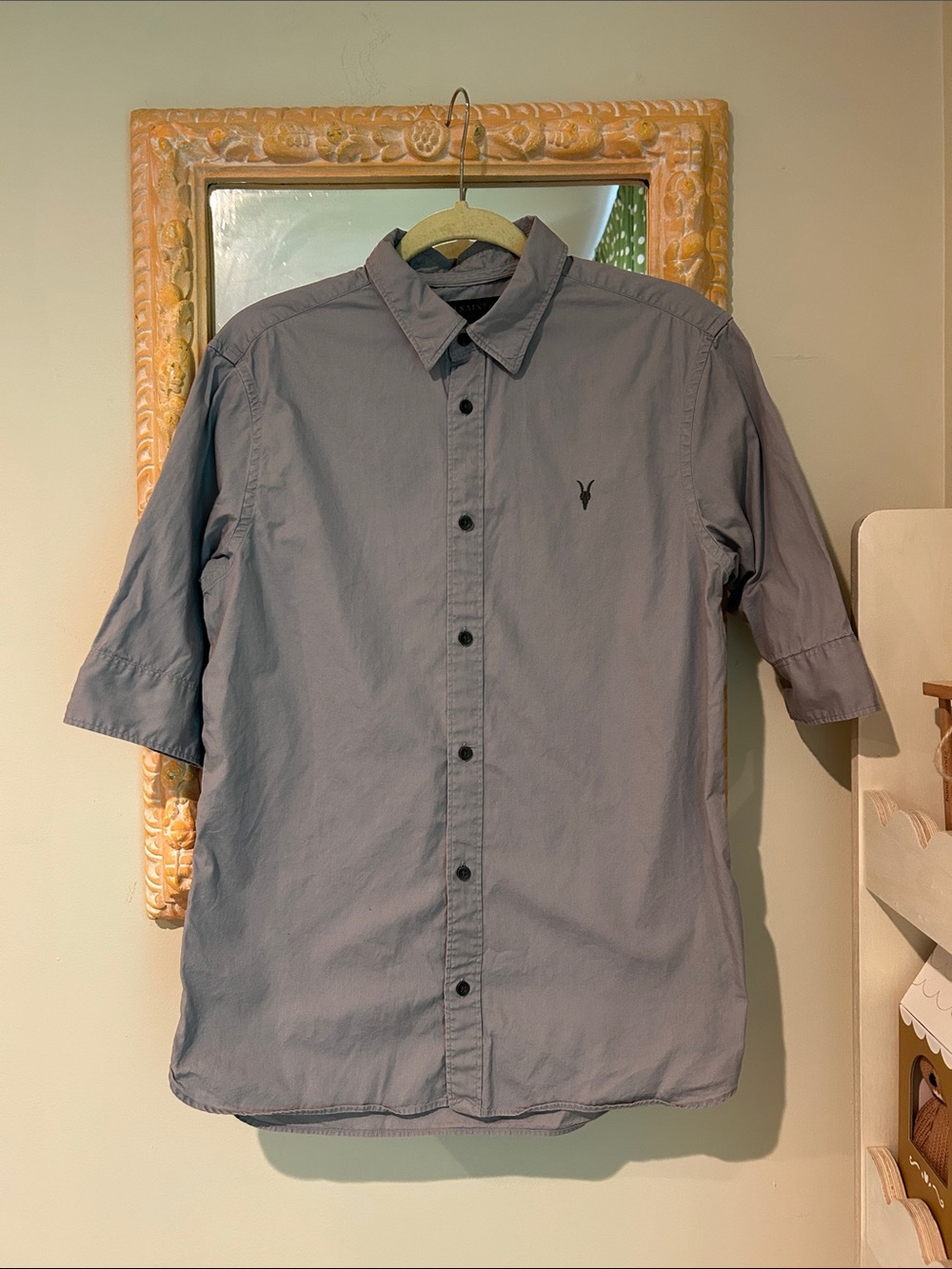 All Saints Men's Gray Casual Button-Up Shirt with Short Sleeves